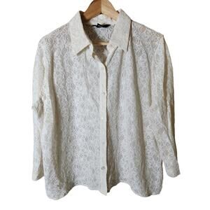 ISHIYU White Y2K Lacey Lightweight Sheer Button Up Top SZ XL